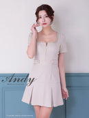 Andy/AN-ON2911/ワンピース/ミニドレス/キャバドレス/フロントジップ/半袖/袖あり/スクエアネック/チェーンパイピング/ボックスプリーツ/フレア