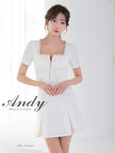 Andy/AN-ON2911/ワンピース/ミニドレス/キャバドレス/フロントジップ/半袖/袖あり/スクエアネック/チェーンパイピング/ボックスプリーツ/フレア