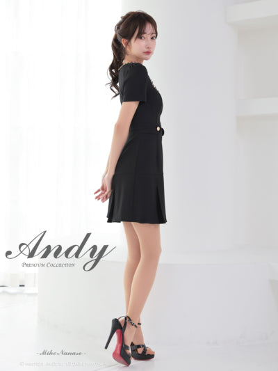 Andy/AN-ON2911/ワンピース/ミニドレス/キャバドレス/フロントジップ/半袖/袖あり/スクエアネック/チェーンパイピング/ボックスプリーツ/フレア