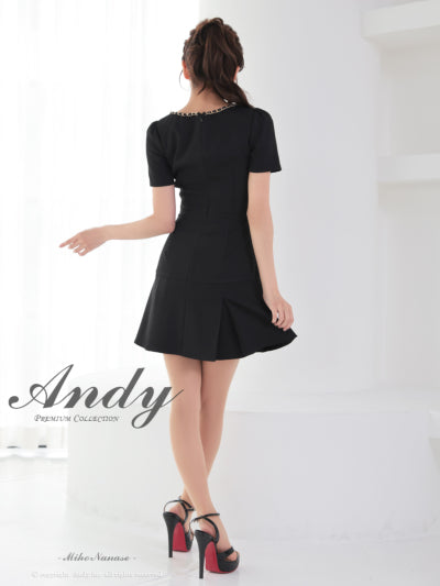 Andy/AN-ON2911/ワンピース/ミニドレス/キャバドレス/フロントジップ/半袖/袖あり/スクエアネック/チェーンパイピング/ボックスプリーツ/フレア