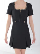 Andy/AN-ON2911/ワンピース/ミニドレス/キャバドレス/フロントジップ/半袖/袖あり/スクエアネック/チェーンパイピング/ボックスプリーツ/フレア