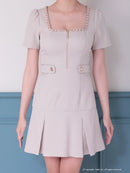 Andy/AN-ON2911/ワンピース/ミニドレス/キャバドレス/フロントジップ/半袖/袖あり/スクエアネック/チェーンパイピング/ボックスプリーツ/フレア