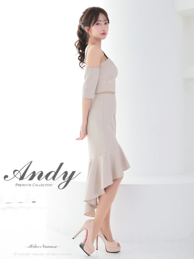 Andy/AN-ON2912/セットアップ/ミディアムドレス/キャバドレス/アシンメトリー/フロントジップ/フリル/テールカット/マーメイド