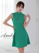Andy/AN-ON2913/ワンピース/キャバドレス/ミニドレス/ハイネック/フロントジップ/ウエストシアー/バックリボン/ノースリーブ/フレア