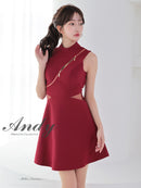 Andy/AN-ON2913/ワンピース/キャバドレス/ミニドレス/ハイネック/フロントジップ/ウエストシアー/バックリボン/ノースリーブ/フレア