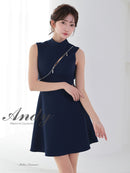Andy/AN-ON2913/ワンピース/キャバドレス/ミニドレス/ハイネック/フロントジップ/ウエストシアー/バックリボン/ノースリーブ/フレア