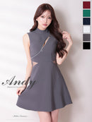Andy/AN-ON2913/ワンピース/キャバドレス/ミニドレス/ハイネック/フロントジップ/ウエストシアー/バックリボン/ノースリーブ/フレア