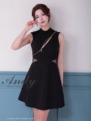 Andy/AN-ON2913/ワンピース/キャバドレス/ミニドレス/ハイネック/フロントジップ/ウエストシアー/バックリボン/ノースリーブ/フレア