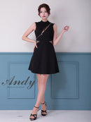 Andy/AN-ON2913/ワンピース/キャバドレス/ミニドレス/ハイネック/フロントジップ/ウエストシアー/バックリボン/ノースリーブ/フレア