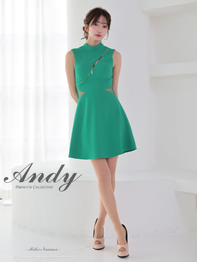 Andy/AN-ON2913/ワンピース/キャバドレス/ミニドレス/ハイネック/フロントジップ/ウエストシアー/バックリボン/ノースリーブ/フレア