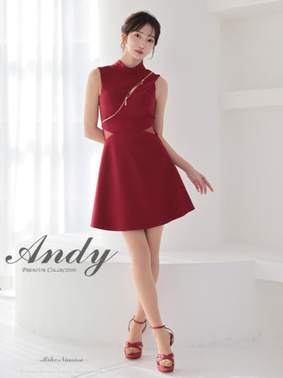 Andy/AN-ON2913/ワンピース/キャバドレス/ミニドレス/ハイネック/フロントジップ/ウエストシアー/バックリボン/ノースリーブ/フレア