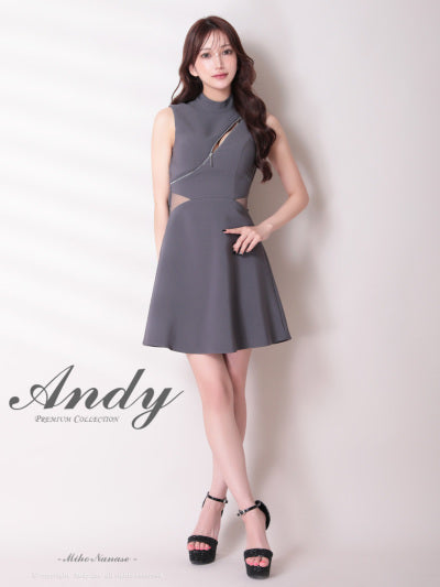 Andy/AN-ON2913/ワンピース/キャバドレス/ミニドレス/ハイネック/フロントジップ/ウエストシアー/バックリボン/ノースリーブ/フレア