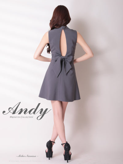 Andy/AN-ON2913/ワンピース/キャバドレス/ミニドレス/ハイネック/フロントジップ/ウエストシアー/バックリボン/ノースリーブ/フレア