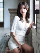 Andy/AN-ON2920/セットアップ/ミニドレス/キャバドレス/デコルテチェーン/フロントジップ/半袖/袖あり/シンプル/ストレッチ/タイト