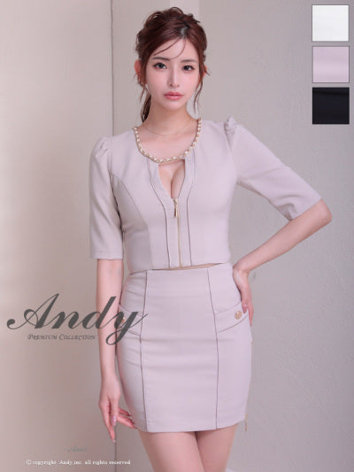 Andy/AN-ON2920/セットアップ/ミニドレス/キャバドレス/デコルテチェーン/フロントジップ/半袖/袖あり/シンプル/ストレッチ/タイト