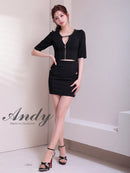 Andy/AN-ON2920/セットアップ/ミニドレス/キャバドレス/デコルテチェーン/フロントジップ/半袖/袖あり/シンプル/ストレッチ/タイト
