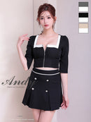 Andy/AN-ON2921/セットアップ/ミニドレス/キャバドレス/バイカラー/スクエアネック/袖あり/ハーフスリーブ/フロントジップ/ボックスプリーツ/フレア