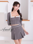 Andy/AN-ON2921/セットアップ/ミニドレス/キャバドレス/バイカラー/スクエアネック/袖あり/ハーフスリーブ/フロントジップ/ボックスプリーツ/フレア