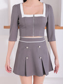 Andy/AN-ON2921/セットアップ/ミニドレス/キャバドレス/バイカラー/スクエアネック/袖あり/ハーフスリーブ/フロントジップ/ボックスプリーツ/フレア