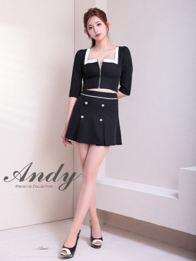 Andy/AN-ON2921/セットアップ/ミニドレス/キャバドレス/バイカラー/スクエアネック/袖あり/ハーフスリーブ/フロントジップ/ボックスプリーツ/フレア