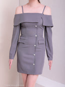 Andy/AN-ON2922/ワンピース/ミニドレス/キャバドレス/ビジューボタン/袖あり/長袖/オフショル/シンプル/タイト