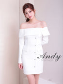 Andy/AN-ON2922/ワンピース/ミニドレス/キャバドレス/ビジューボタン/袖あり/長袖/オフショル/シンプル/タイト