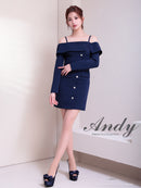 Andy/AN-ON2922/ワンピース/ミニドレス/キャバドレス/ビジューボタン/袖あり/長袖/オフショル/シンプル/タイト