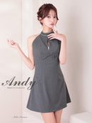 Andy/AN-ON2933/ワンピース/ミニドレス/キャバドレス/ハイネック/ホルター/ストライプ柄/ノースリーブ/バストジップ/バックリボン/フレア
