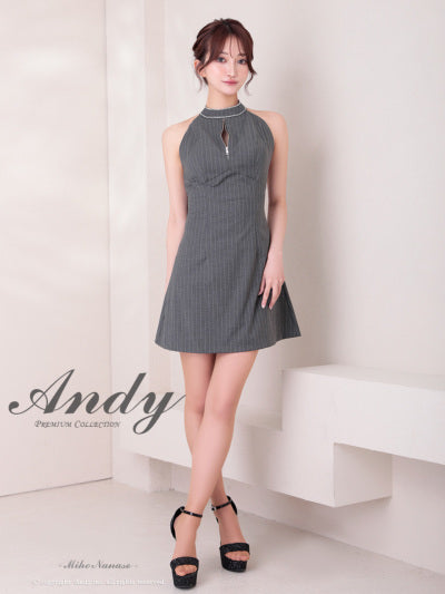 Andy/AN-ON2933/ワンピース/ミニドレス/キャバドレス/ハイネック/ホルター/ストライプ柄/ノースリーブ/バストジップ/バックリボン/フレア