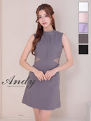 Andy/AN-ON2937/ワンピース/ミニドレス/キャバドレス/シンプル/ハイネック/タック/ノースリーブ/ウエストシアー/バックリボン/フレア