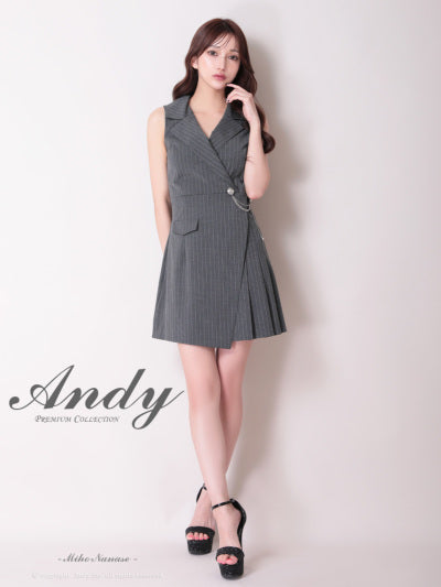Andy/AN-ON2951/ワンピース/ミニドレス/キャバドレス/襟付き/ストライプ/ノースリーブ/チェーン装飾/プリーツ/フレア/アシンメトリー