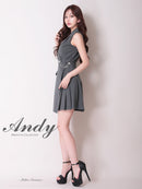 Andy/AN-ON2951/ワンピース/ミニドレス/キャバドレス/襟付き/ストライプ/ノースリーブ/チェーン装飾/プリーツ/フレア/アシンメトリー