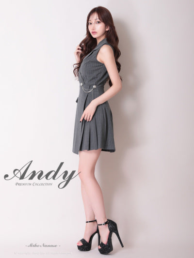 Andy/AN-ON2951/ワンピース/ミニドレス/キャバドレス/襟付き/ストライプ/ノースリーブ/チェーン装飾/プリーツ/フレア/アシンメトリー