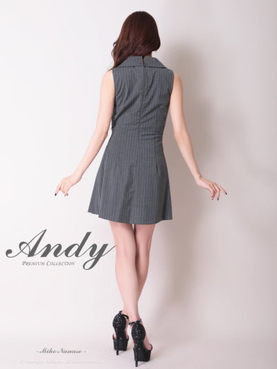 Andy/AN-ON2951/ワンピース/ミニドレス/キャバドレス/襟付き/ストライプ/ノースリーブ/チェーン装飾/プリーツ/フレア/アシンメトリー