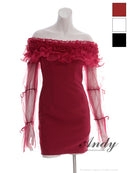 Andy/AN-ON2954/ワンピース/ミニドレス/キャバドレス/ギャザーフリル/2way/袖付き/ロングスリーブ/オフショル/シアー/チュール/タイト