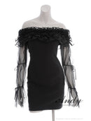 Andy/AN-ON2954/ワンピース/ミニドレス/キャバドレス/ギャザーフリル/2way/袖付き/ロングスリーブ/オフショル/シアー/チュール/タイト