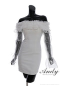 Andy/AN-ON2954/ワンピース/ミニドレス/キャバドレス/ギャザーフリル/2way/袖付き/ロングスリーブ/オフショル/シアー/チュール/タイト