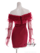 Andy/AN-ON2954/ワンピース/ミニドレス/キャバドレス/ギャザーフリル/2way/袖付き/ロングスリーブ/オフショル/シアー/チュール/タイト