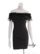 Andy/AN-ON2954/ワンピース/ミニドレス/キャバドレス/ギャザーフリル/2way/袖付き/ロングスリーブ/オフショル/シアー/チュール/タイト