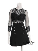 Andy/AN-ON2991/ワンピース/ミニドレス/キャバドレス/シアー/レース/切替/タイトスリーブ/五分袖/袖あり/ダブルボタン/ボックスプリーツ/フレア