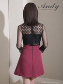 Andy/AN-ON2991/ワンピース/ミニドレス/キャバドレス/シアー/レース/切替/タイトスリーブ/五分袖/袖あり/ダブルボタン/ボックスプリーツ/フレア