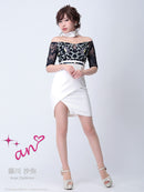 an/AOC-2399/ワンピース/キャバドレス/ミニドレス/ツーカラー/ベルト/レース/オフショルダー/チョーカー/袖あり//切替/藤川沙弥さん着用