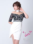 an/AOC-2399/ワンピース/キャバドレス/ミニドレス/ツーカラー/ベルト/レース/オフショルダー/チョーカー/袖あり//切替/藤川沙弥さん着用