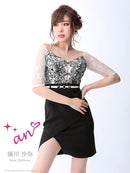 an/AOC-2399/ワンピース/キャバドレス/ミニドレス/ツーカラー/ベルト/レース/オフショルダー/チョーカー/袖あり//切替/藤川沙弥さん着用