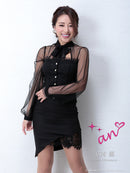 an/AOC-2664/セットアップ/ミニドレス/レース/リボン/パールボタン/キャバドレス/長袖チュール/広村薫さん着用