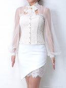 an/AOC-2664/セットアップ/ミニドレス/レース/リボン/パールボタン/キャバドレス/長袖チュール/広村薫さん着用