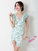 an/AOC-3063/ワンピース/ミニドレス/キャバドレス/レース/Vネック/フリル/タイト/ベルト付き