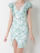 an/AOC-3063/ワンピース/ミニドレス/キャバドレス/レース/Vネック/フリル/タイト/ベルト付き