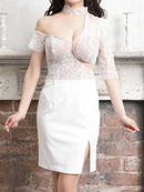 an/AOC-3260/ワンピース/ミニドレス/レース/ワンショルダー/左腕袖あり/小川青空さん着用