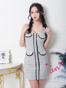 an/AOC-3357/ワンピース/ミニドレス/タイトワンピース/ツイード/スクエアネック/パールボタン